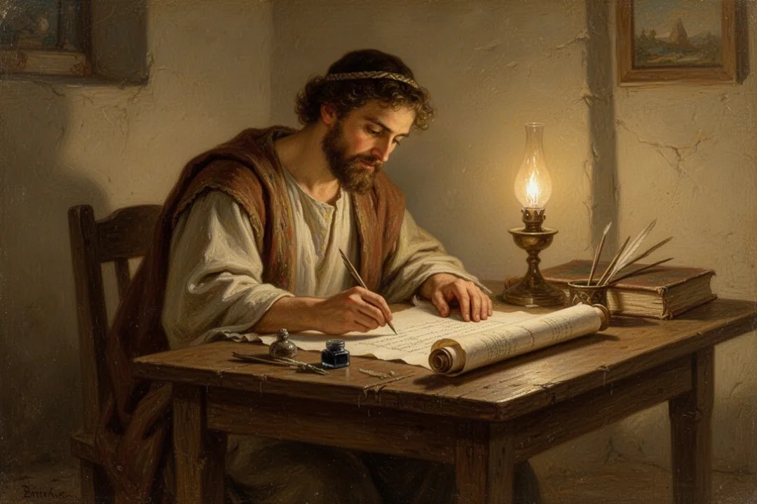 Biblical scribe writing on a scroll with a reed pen