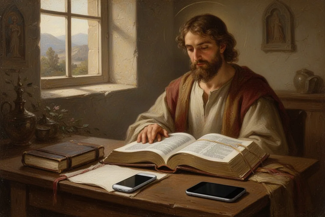 Open Bible and phone set aside in a quiet room
