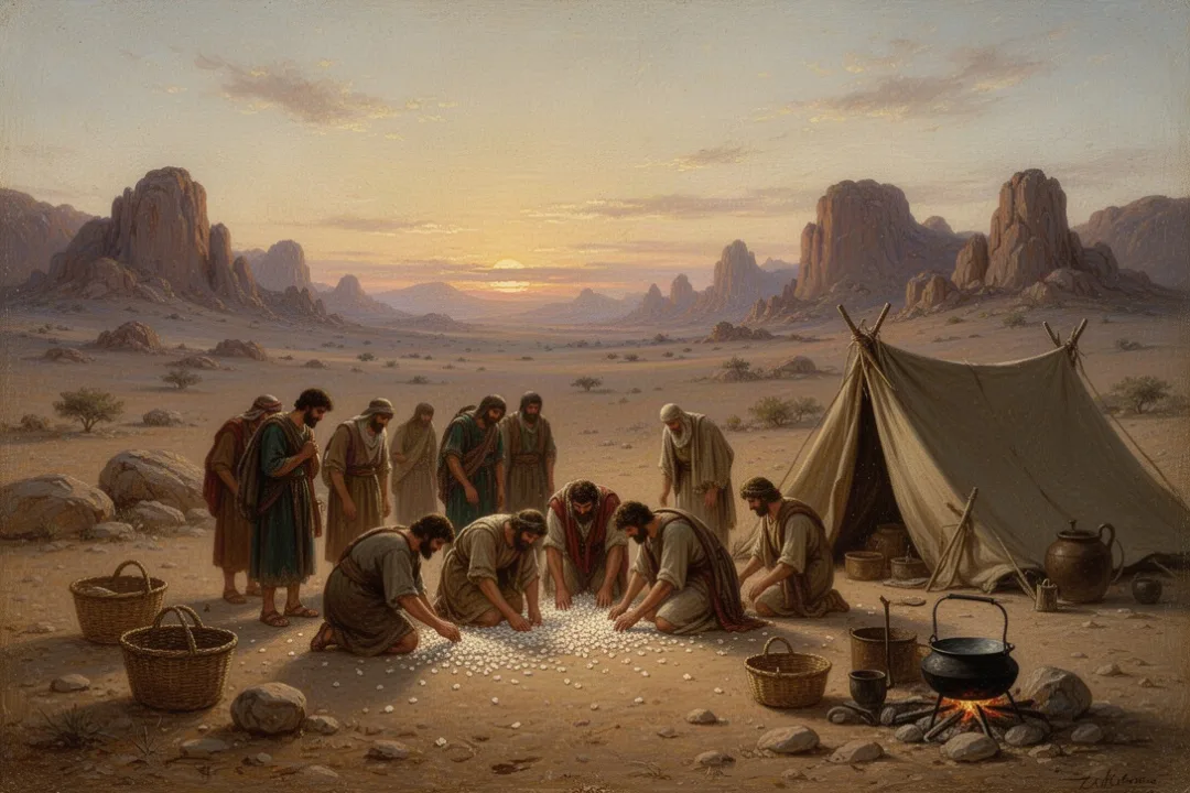Ancient travelers gathering manna in the wilderness at dawn
