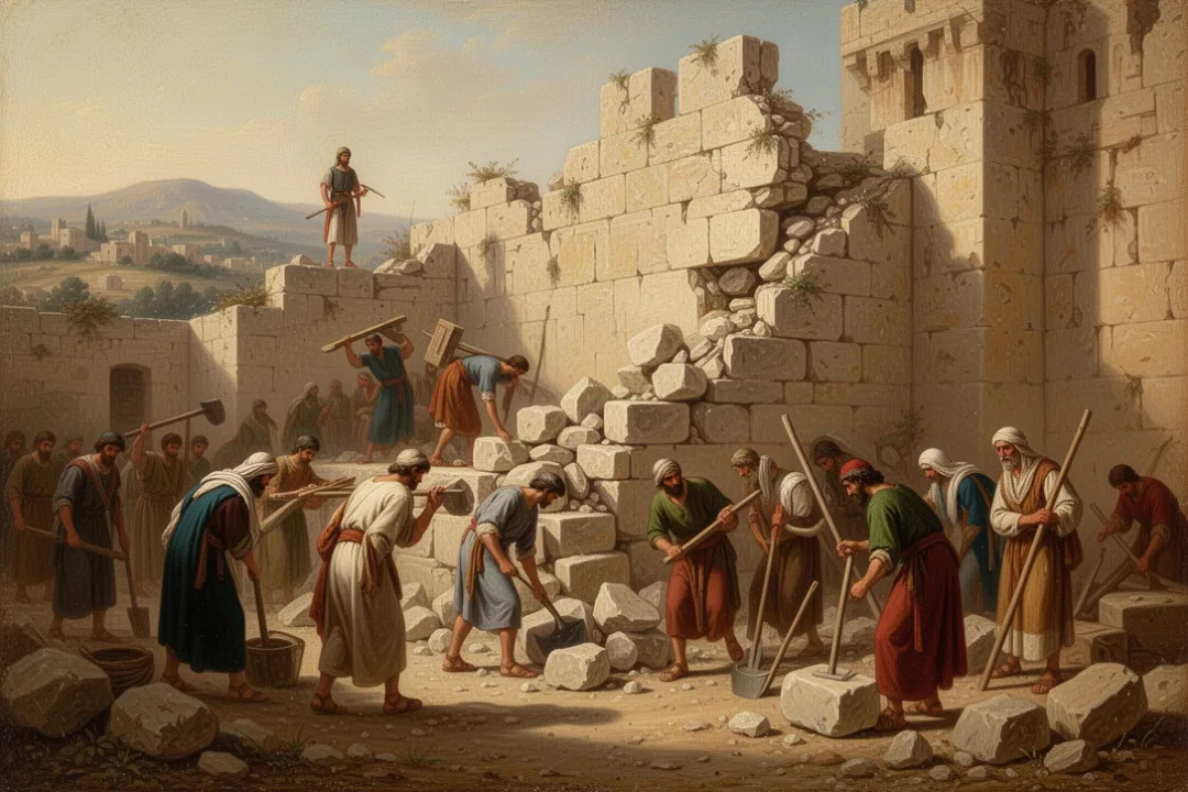 Workers rebuild Jerusalem’s wall while a watchman guards nearby