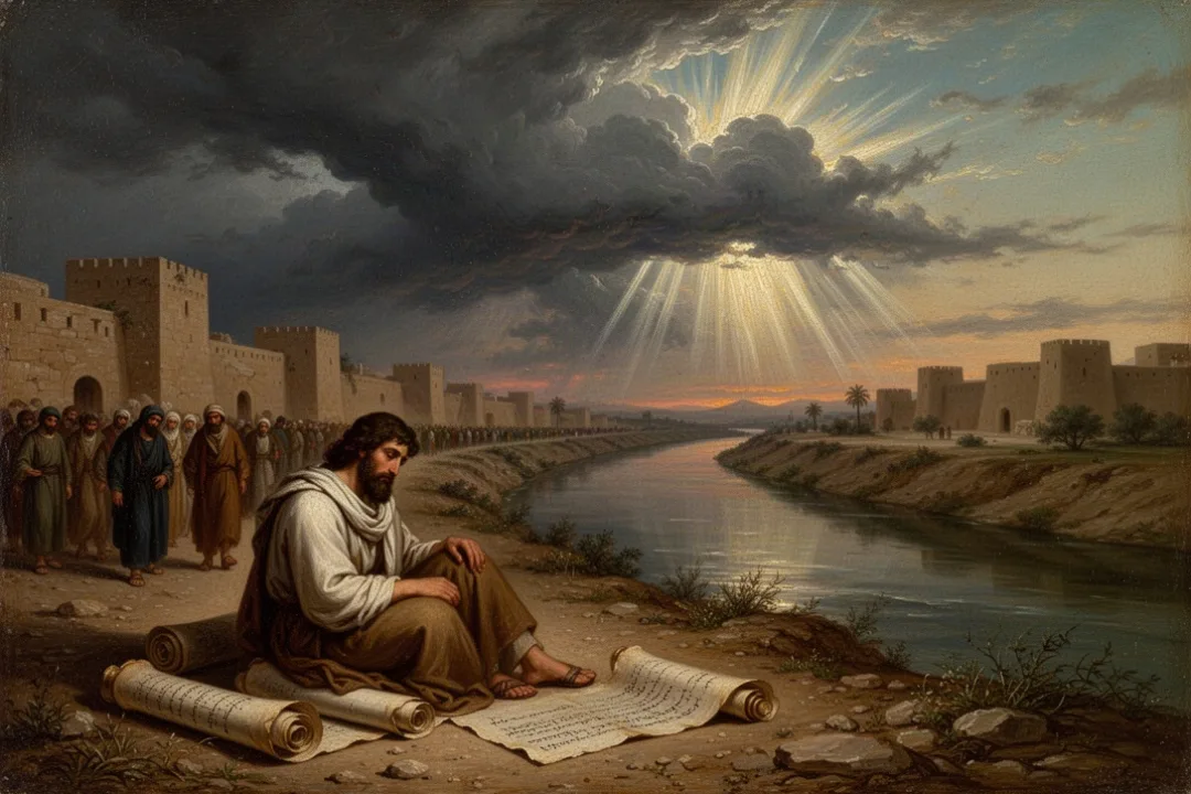 Ezekiel receiving a vision beside a Babylonian canal