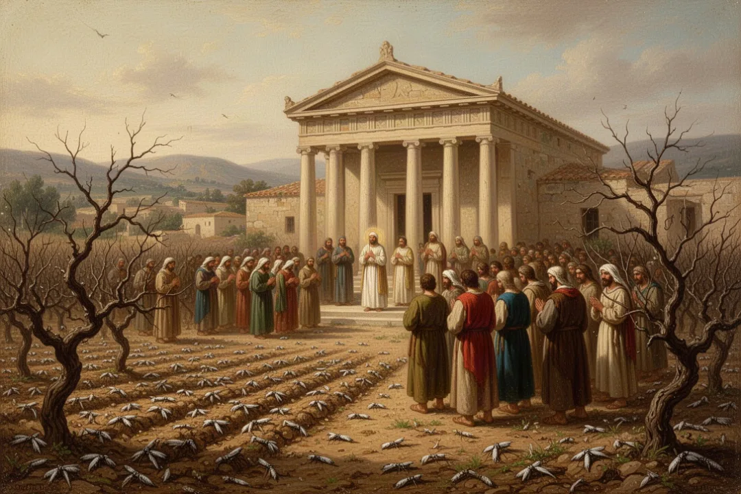 Ancient community praying after a devastating locust invasion