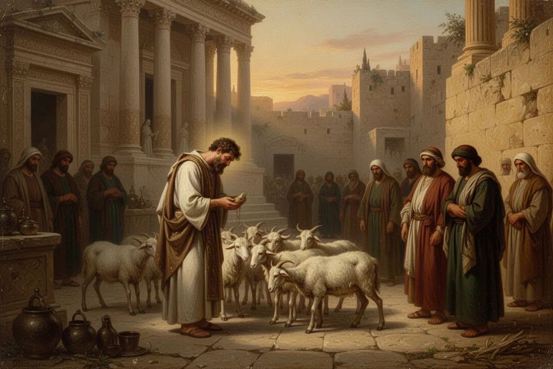 Priest and worshipers in an ancient Jerusalem temple courtyard at dawn