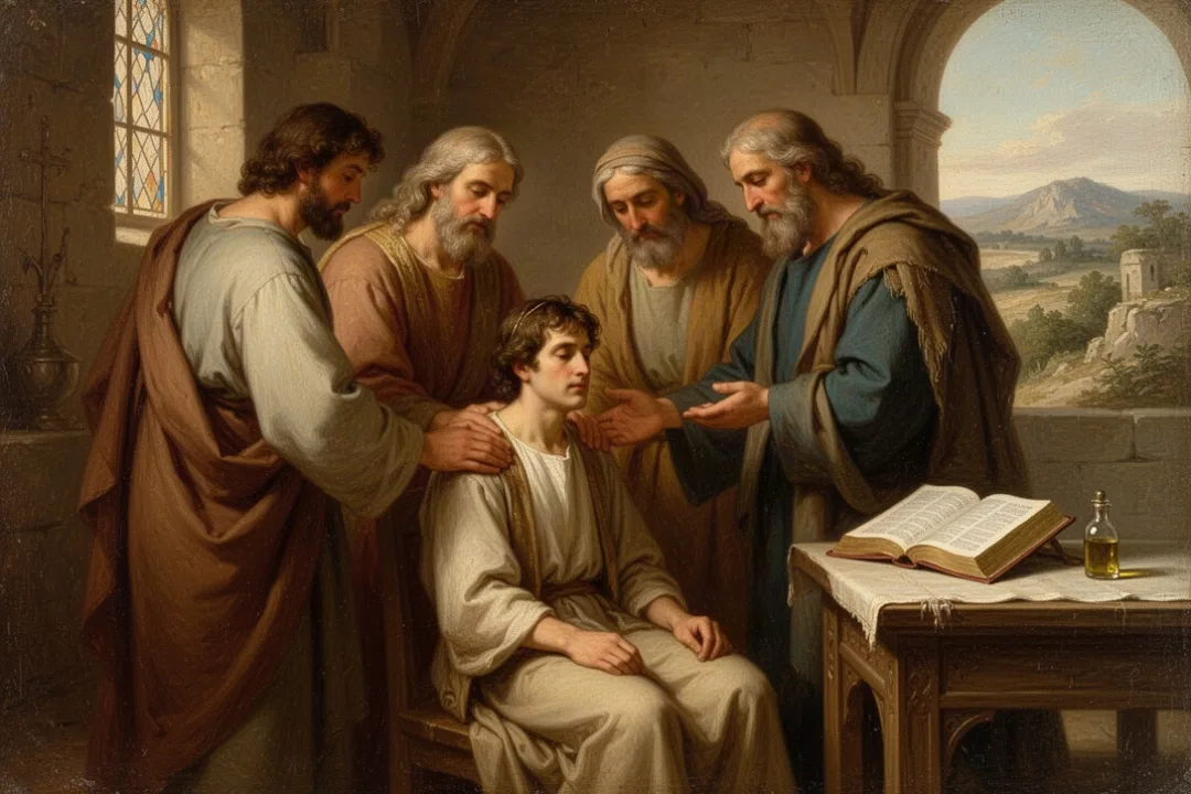Church members praying together beside a person needing support