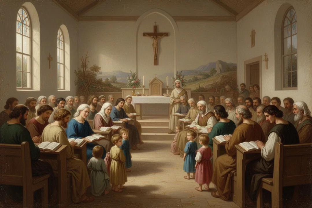 Diverse congregation worshiping together inside a Mennonite Brethren church