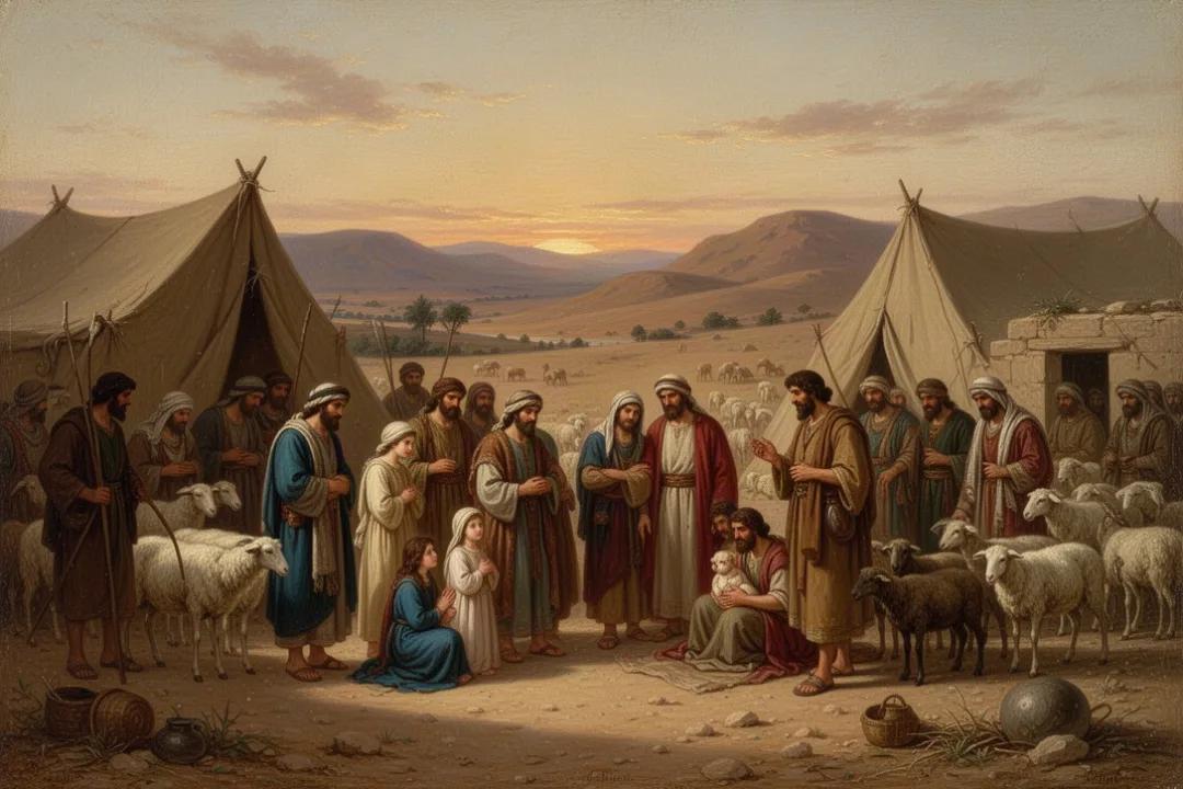 Ancient Israelite tribal community gathered near desert tents at dawn