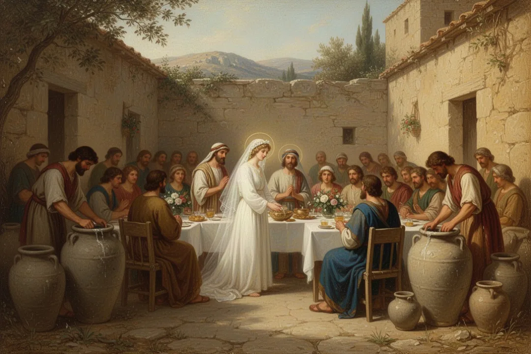 Servants fill stone jars during the wedding at Cana
