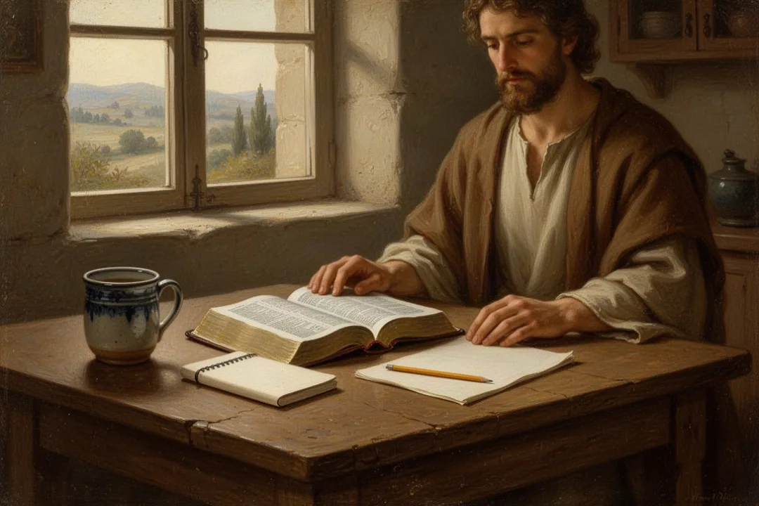 Open Bible, notebook, and mug on a softly lit kitchen table
