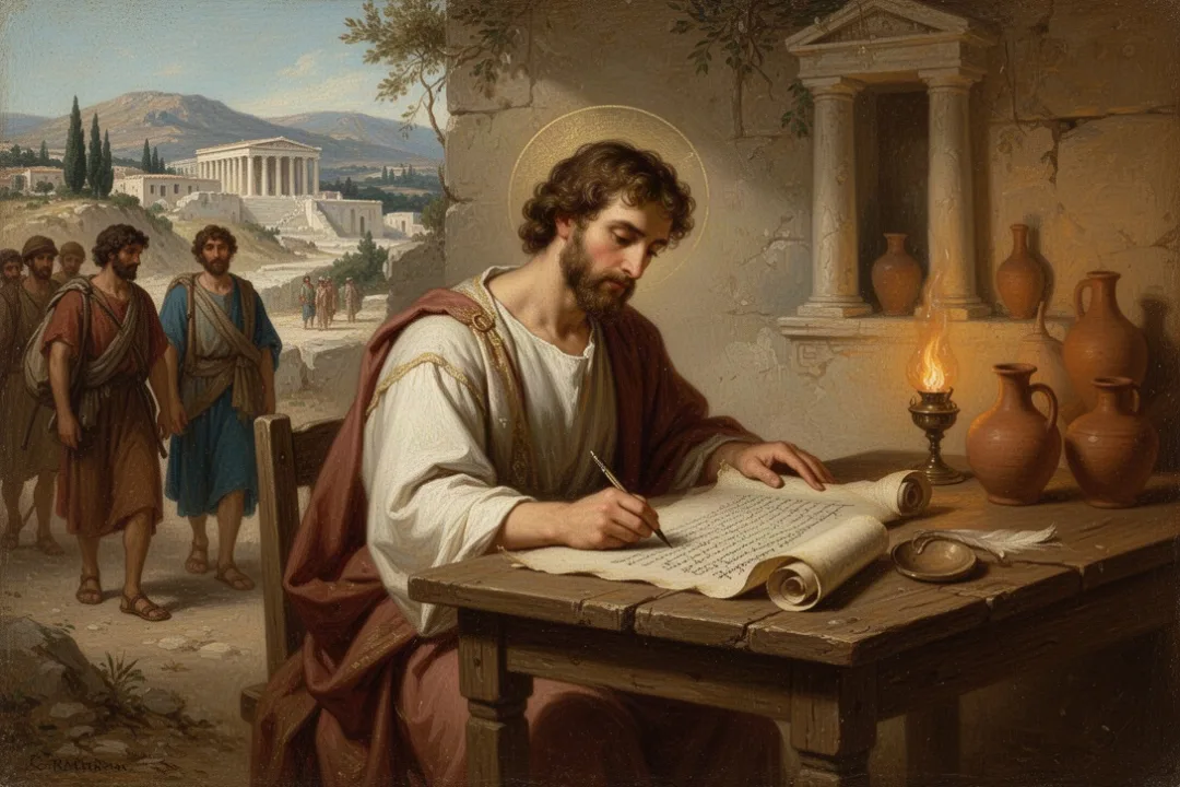 Scribe writing Romans in a first-century Corinthian home