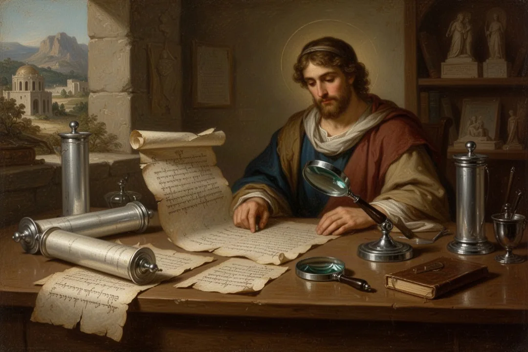 Ancient manuscript fragments displayed on an archaeological research table