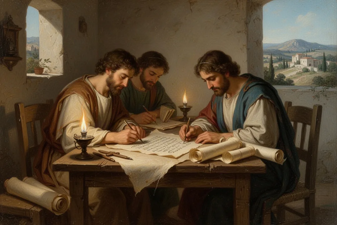 Early Christian scribes copying New Testament letters onto papyrus