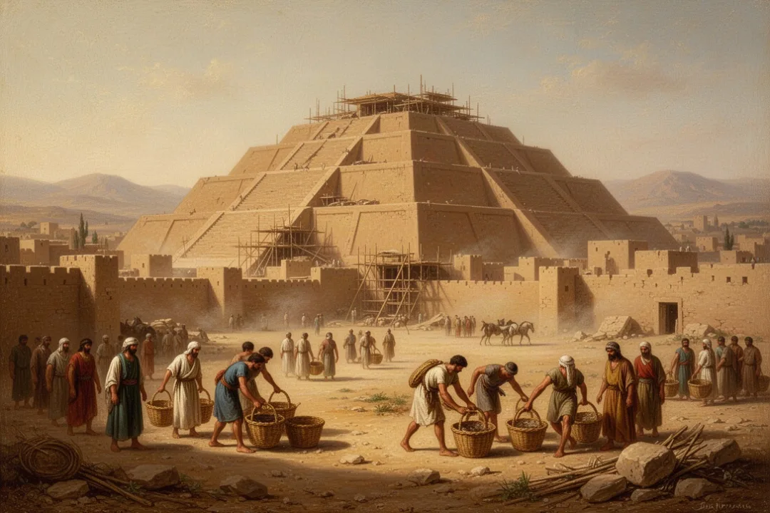 Ancient Mesopotamian ziggurat under construction near Babylon