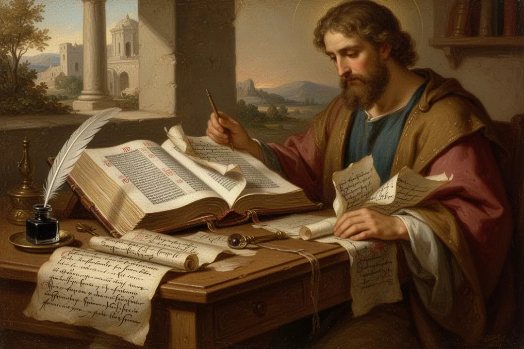 Early printed Bible beside medieval manuscripts and writing tools