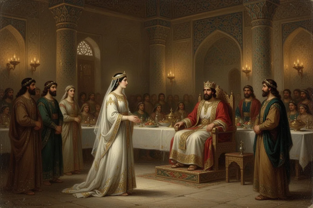 Esther approaching the Persian king during a royal banquet
