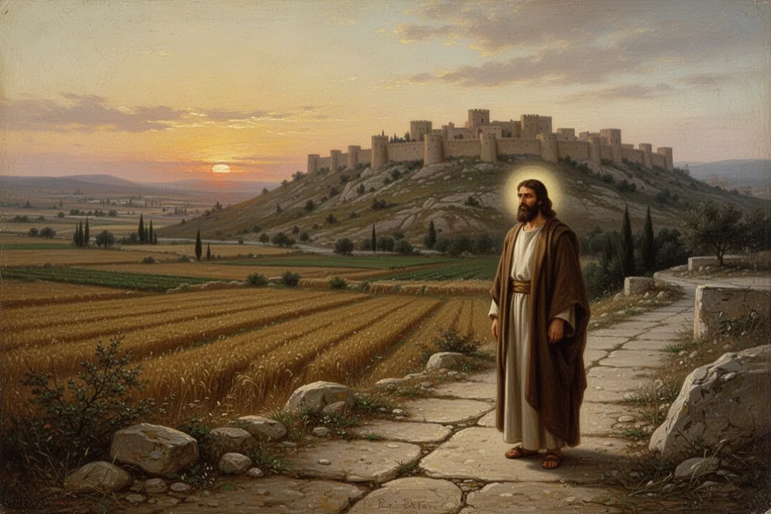 Prophet standing above an ancient Israelite city and surrounding fields