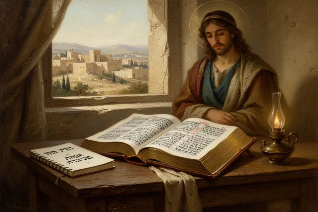 Open Bible and Hebrew study materials beside a warm lamp