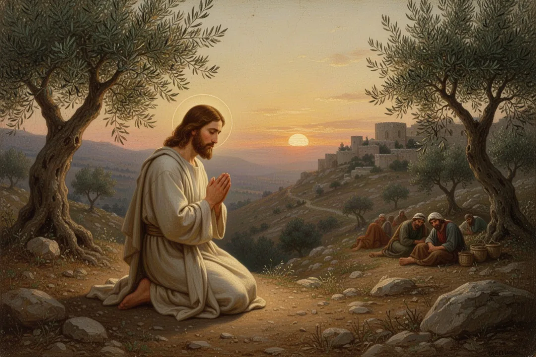 Jesus praying to God the Father on a quiet hillside at dawn