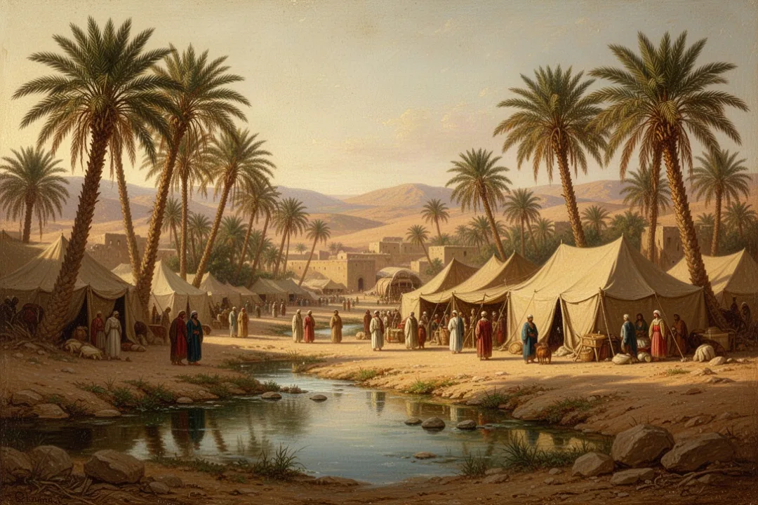 Ancient Israelite camp resting at the oasis of Elim