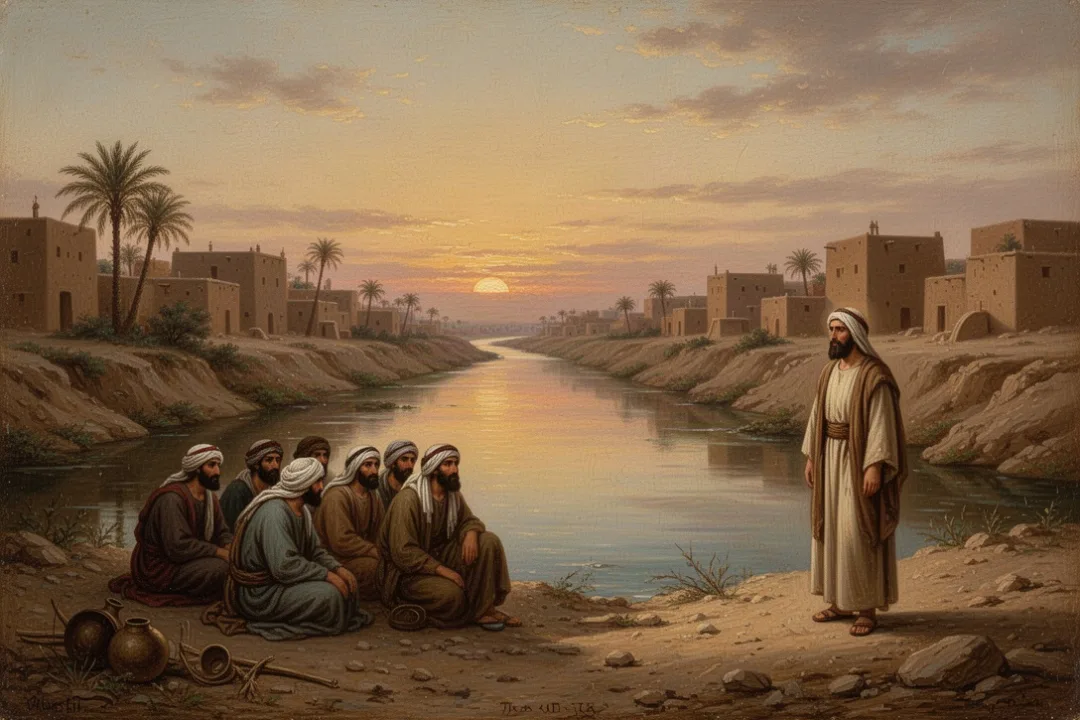 Ezekiel among Judean exiles beside a Babylonian canal
