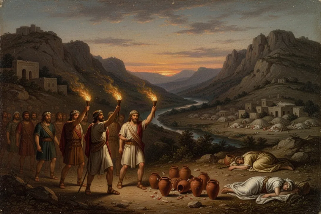 Israelite soldiers reveal torches during Gideon’s nighttime attack