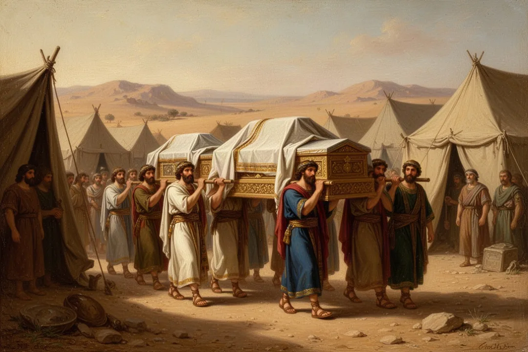 Levites carrying tabernacle furnishings through an ancient Israelite camp