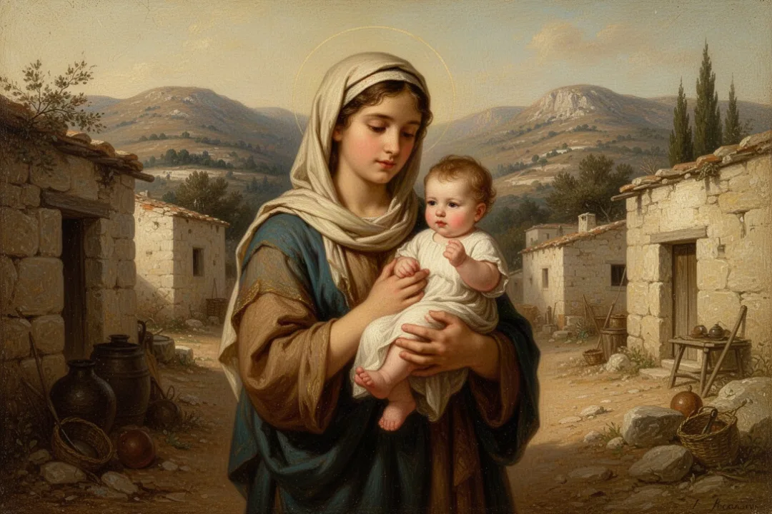 Mary holding infant Jesus in a first-century Galilean village