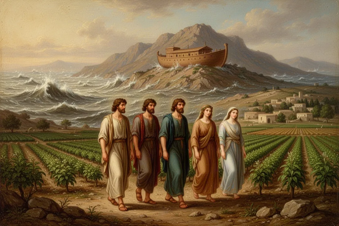 Noah’s sons and their wives leaving the ark after the flood