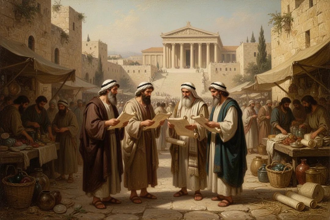 Jewish teachers discussing Scripture in ancient Jerusalem near the Temple