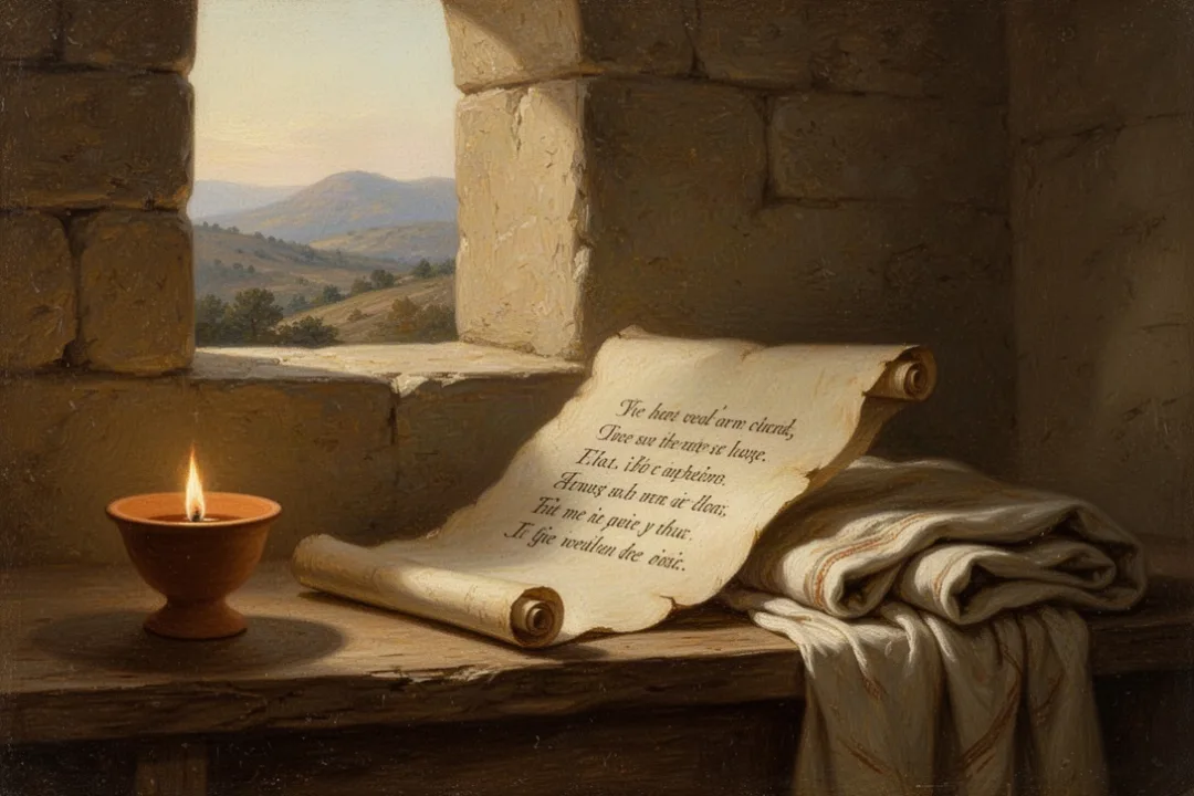 Open ancient scroll in a peaceful setting representing Psalm 91