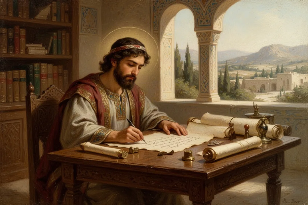 Persian palace scribe recording royal correspondence for Esther’s historical setting