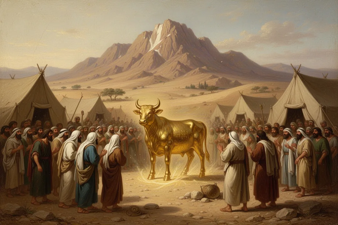 Israelites gathered around the golden calf beneath Mount Sinai