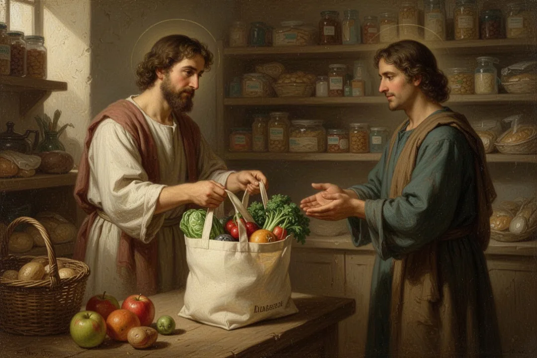 Volunteer giving groceries to a recipient at a community food pantry