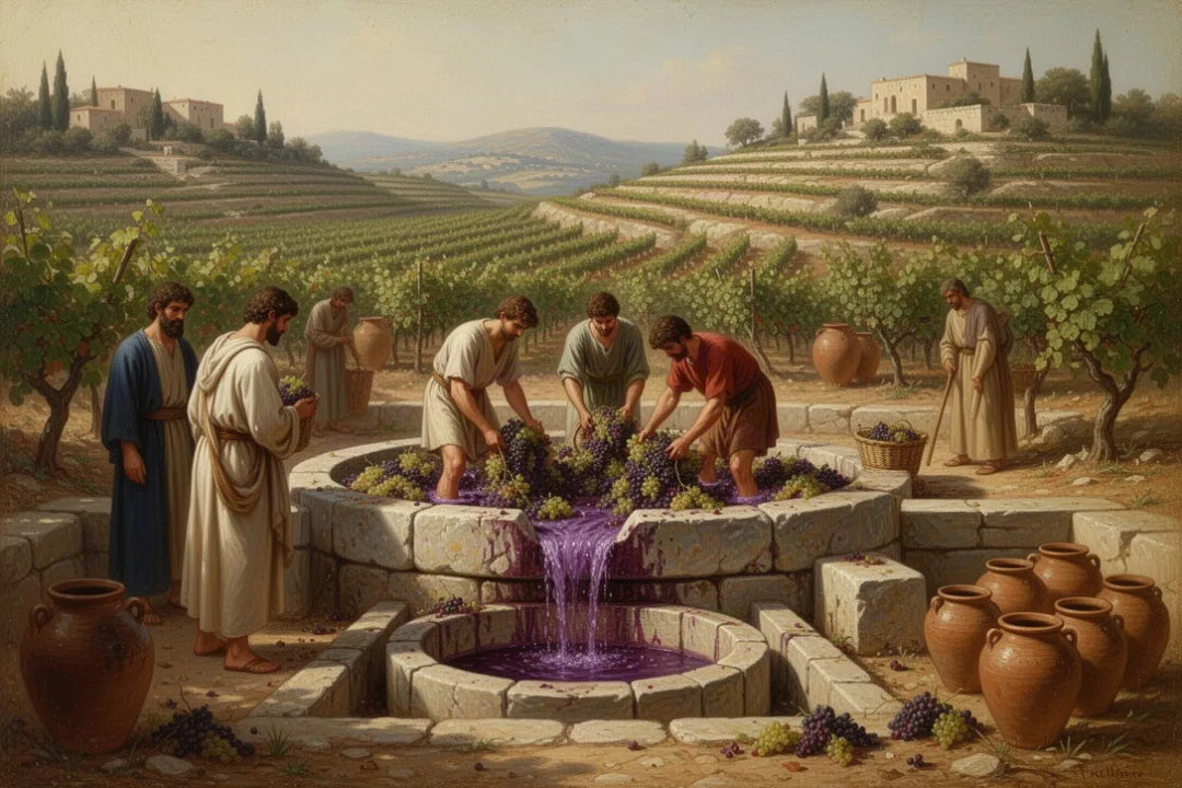 Ancient workers using a stone winepress beside vineyard terraces
