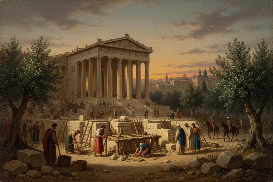 Rebuilt Jerusalem scene with riders among myrtle trees at dusk
